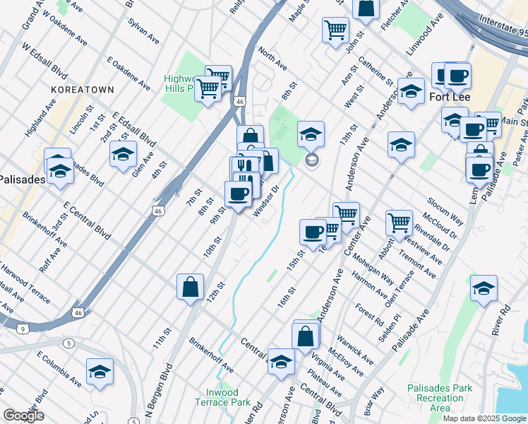 map of restaurants, bars, coffee shops, grocery stores, and more near 546 Windsor Drive in Palisades Park