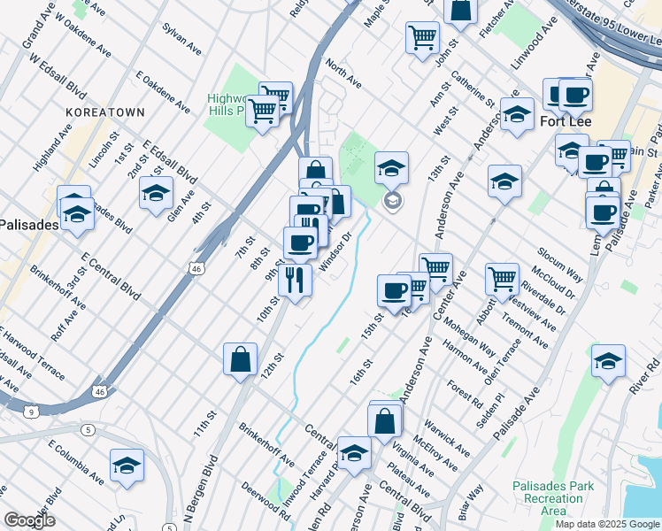 map of restaurants, bars, coffee shops, grocery stores, and more near 546 Windsor Drive in Palisades Park