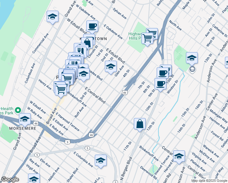map of restaurants, bars, coffee shops, grocery stores, and more near 330 4th Street in Palisades Park