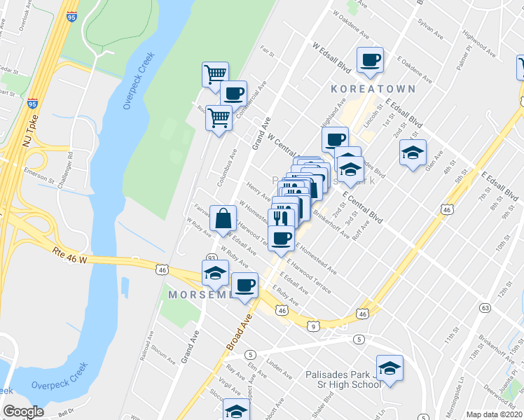 map of restaurants, bars, coffee shops, grocery stores, and more near 39 West Homestead Avenue in Palisades Park