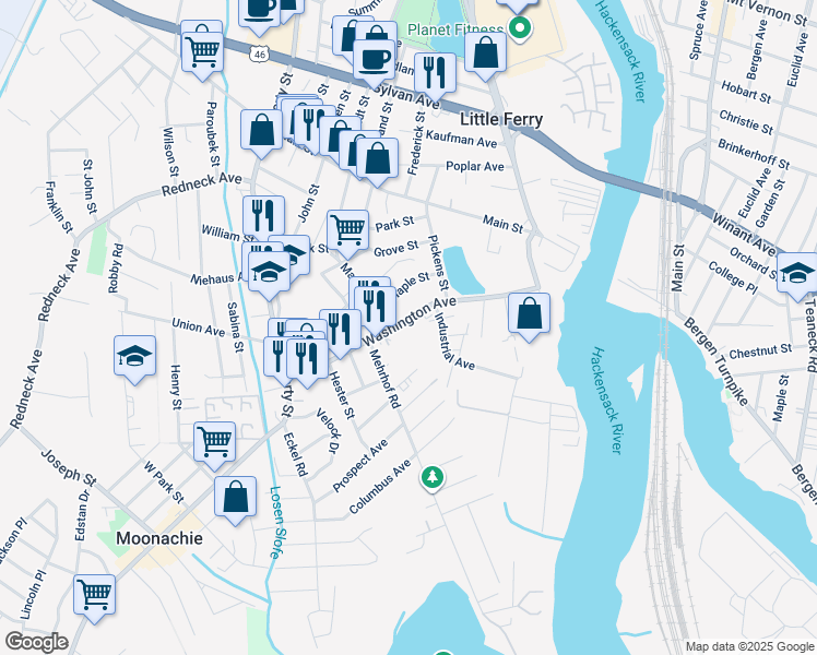 map of restaurants, bars, coffee shops, grocery stores, and more near 25 Industrial Avenue in Little Ferry
