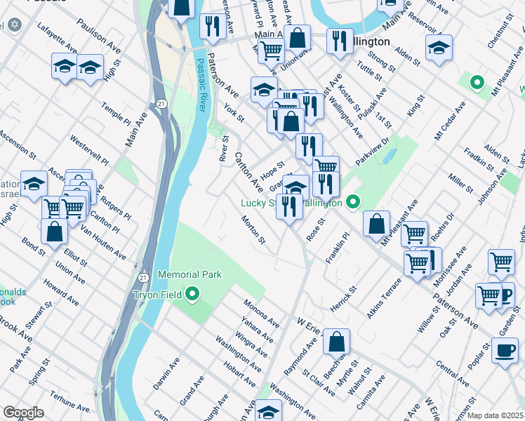map of restaurants, bars, coffee shops, grocery stores, and more near 138 Carlton Avenue in East Rutherford