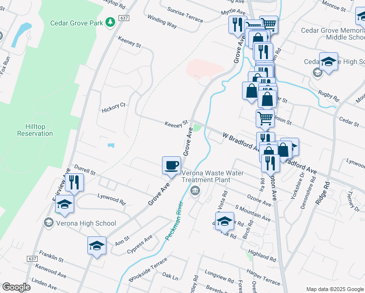 map of restaurants, bars, coffee shops, grocery stores, and more near 20 Grove Avenue in Cedar Grove