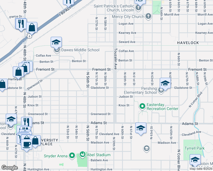 map of restaurants, bars, coffee shops, grocery stores, and more near 5737 Gladstone Street in Lincoln