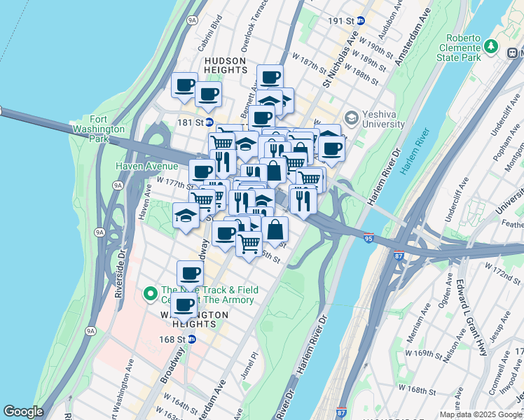 map of restaurants, bars, coffee shops, grocery stores, and more near 585 West 177th Street in New York