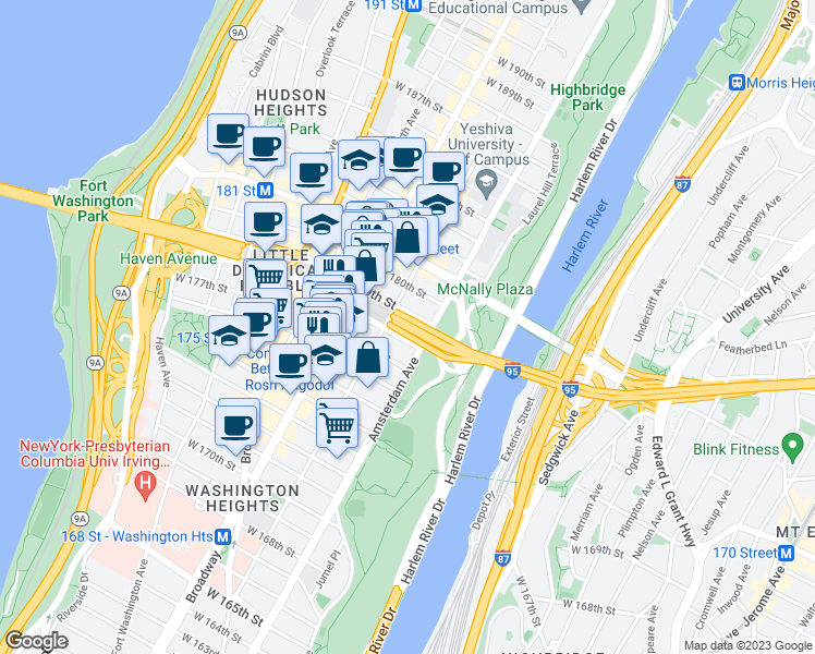 map of restaurants, bars, coffee shops, grocery stores, and more near 534W West 178th Street in New York