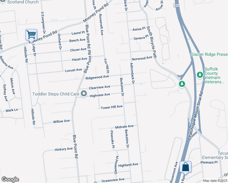 map of restaurants, bars, coffee shops, grocery stores, and more near 24 Highview Avenue in Selden