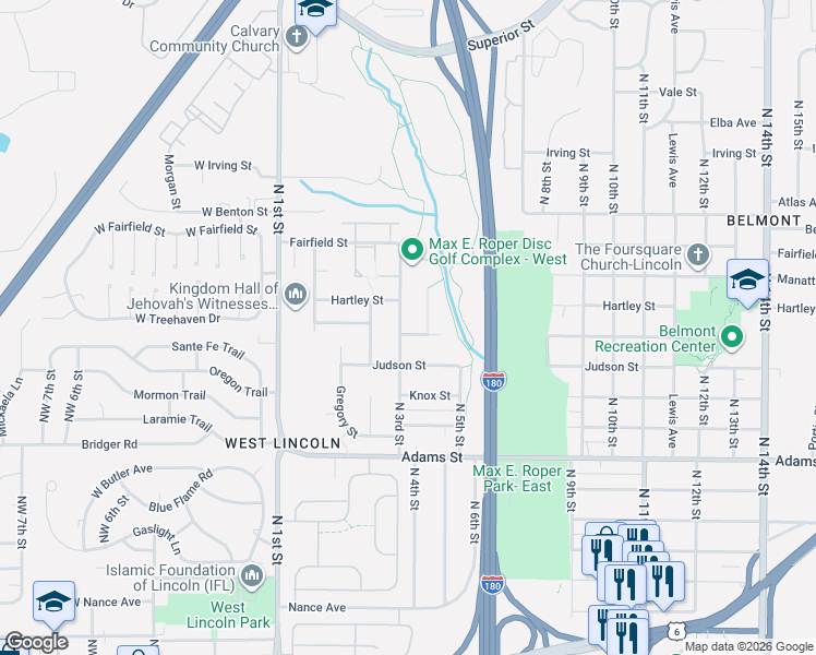 map of restaurants, bars, coffee shops, grocery stores, and more near 301 Groveland Street in Lincoln