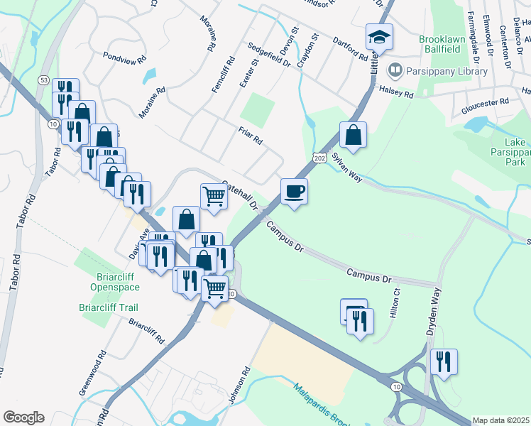 map of restaurants, bars, coffee shops, grocery stores, and more near 3 Campus Drive in Parsippany-Troy Hills