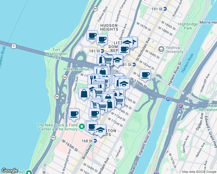 map of restaurants, bars, coffee shops, grocery stores, and more near 64 Wadsworth Avenue in New York