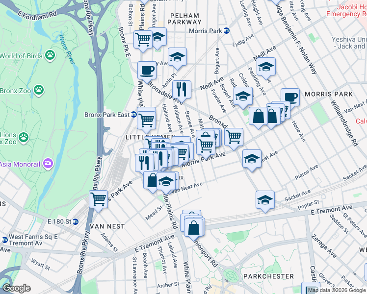 map of restaurants, bars, coffee shops, grocery stores, and more near 1830 Holland Avenue in The Bronx