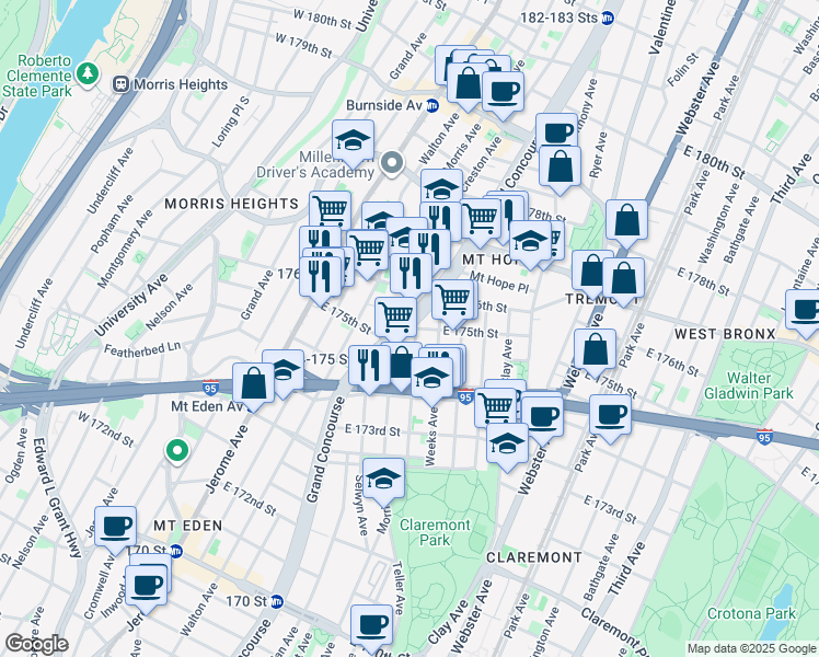 map of restaurants, bars, coffee shops, grocery stores, and more near Grand Concourse & E 175th St in Bronx