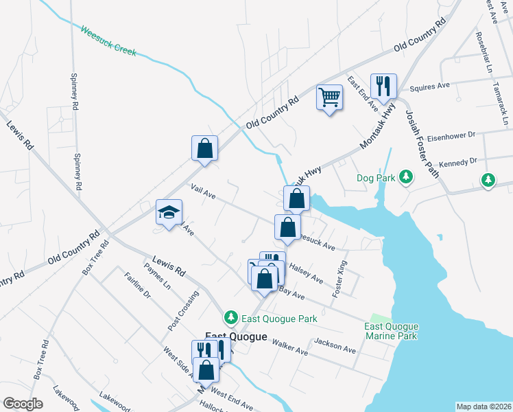 map of restaurants, bars, coffee shops, grocery stores, and more near 23 Vail Avenue in East Quogue