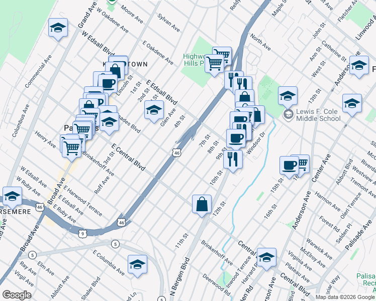 map of restaurants, bars, coffee shops, grocery stores, and more near 421 7th Street in Palisades Park