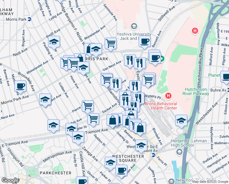 map of restaurants, bars, coffee shops, grocery stores, and more near 1562 Williamsbridge Road in Bronx