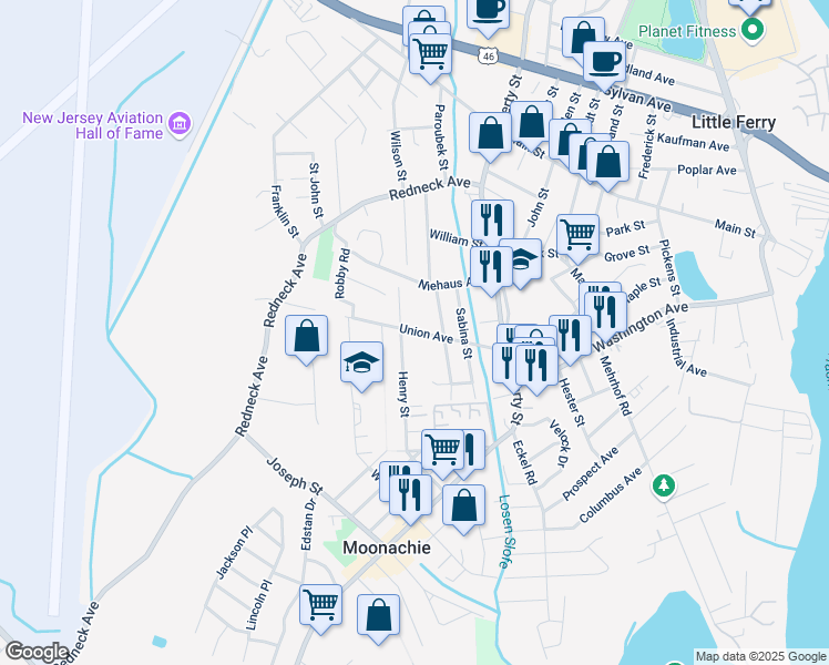 map of restaurants, bars, coffee shops, grocery stores, and more near 71 Union Avenue in Little Ferry