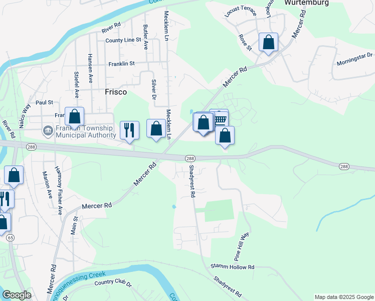 map of restaurants, bars, coffee shops, grocery stores, and more near 263 Pennsylvania 288 in Ellwood City