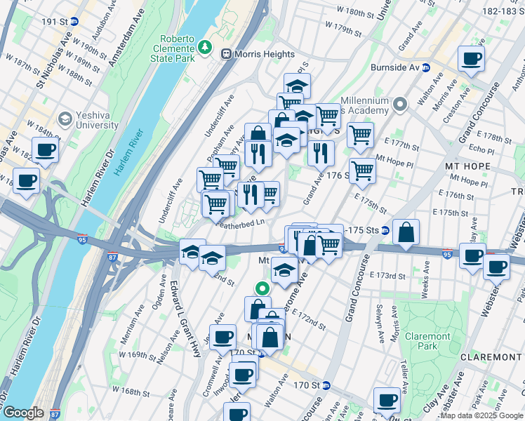 map of restaurants, bars, coffee shops, grocery stores, and more near in The Bronx