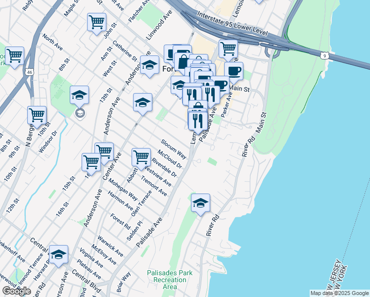 map of restaurants, bars, coffee shops, grocery stores, and more near in Fort Lee