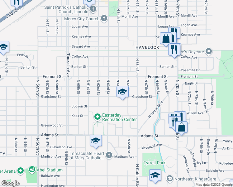 map of restaurants, bars, coffee shops, grocery stores, and more near 6344 Gladstone St in Lincoln