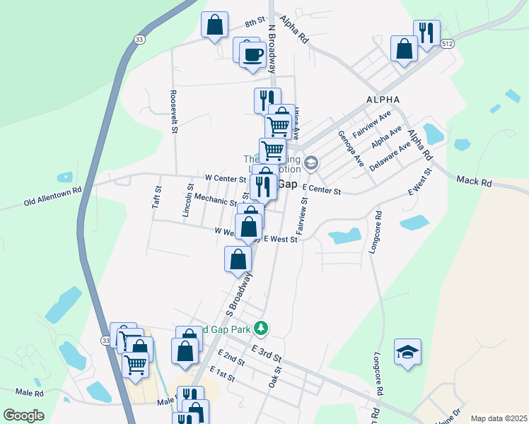 map of restaurants, bars, coffee shops, grocery stores, and more near 103 South Broadway in Wind Gap
