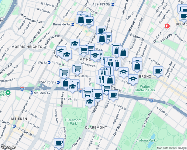 map of restaurants, bars, coffee shops, grocery stores, and more near 1806 Anthony Avenue in The Bronx