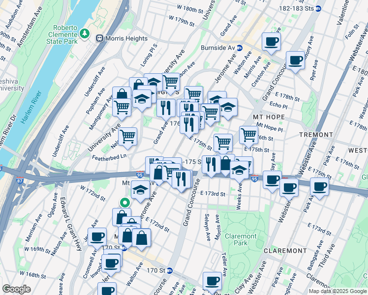 map of restaurants, bars, coffee shops, grocery stores, and more near 1705 Townsend Avenue in Bronx