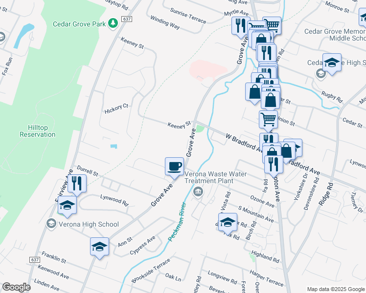 map of restaurants, bars, coffee shops, grocery stores, and more near 20 Grove Avenue in Cedar Grove