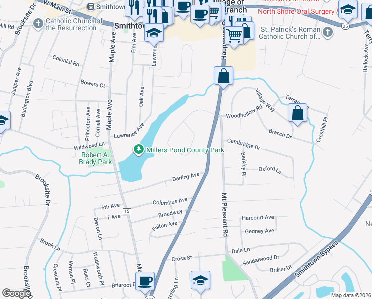 map of restaurants, bars, coffee shops, grocery stores, and more near 41 Branch Brook Drive in Smithtown