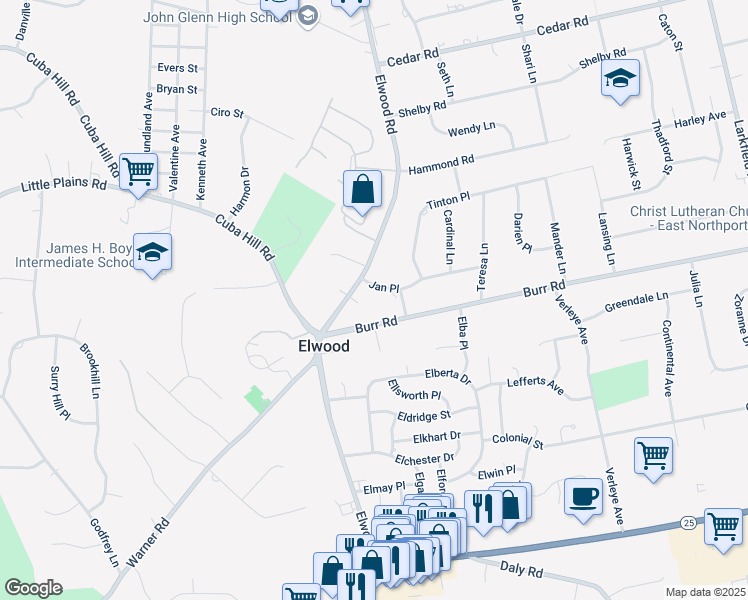 map of restaurants, bars, coffee shops, grocery stores, and more near 17 Burr Road in East Northport