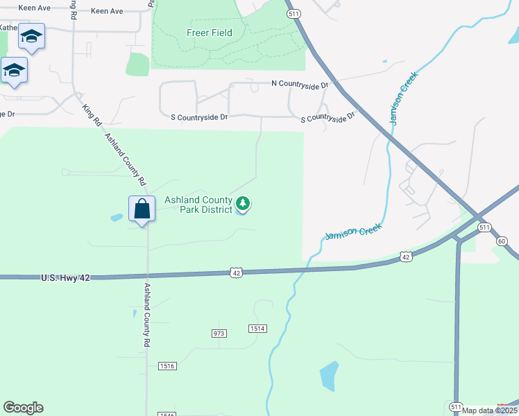 map of restaurants, bars, coffee shops, grocery stores, and more near 245 South Countryside Drive in Ashland