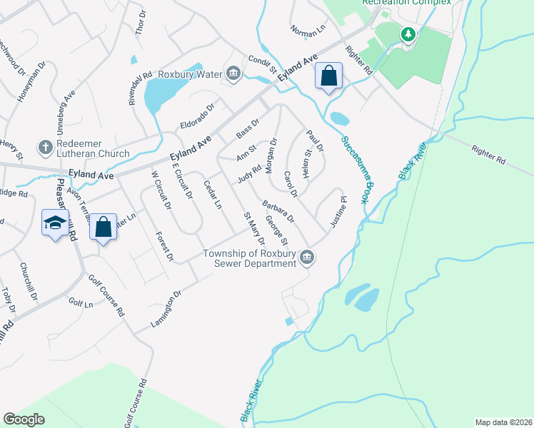map of restaurants, bars, coffee shops, grocery stores, and more near 8 George Street in Roxbury Township