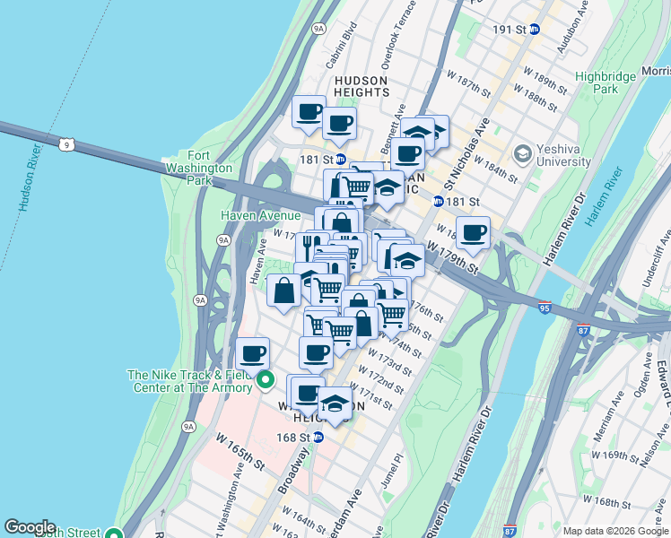 map of restaurants, bars, coffee shops, grocery stores, and more near 4140 Broadway in New York