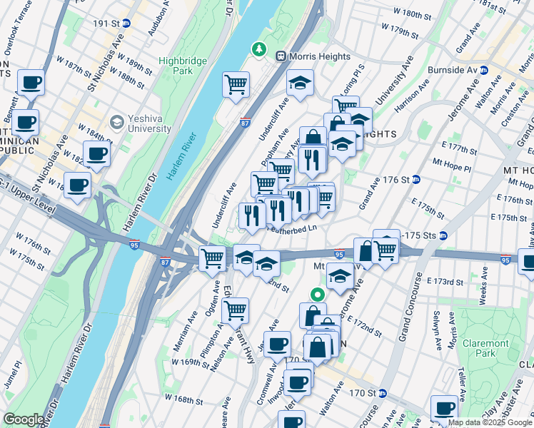 map of restaurants, bars, coffee shops, grocery stores, and more near 150 West 174th Street in Bronx