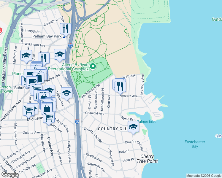 map of restaurants, bars, coffee shops, grocery stores, and more near 3201 Ampere Avenue in Bronx