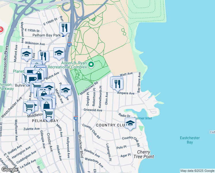 map of restaurants, bars, coffee shops, grocery stores, and more near 3201 Ampere Avenue in Bronx
