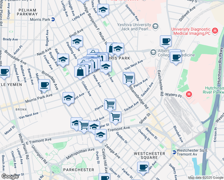 map of restaurants, bars, coffee shops, grocery stores, and more near 1628 Hone Avenue in Bronx