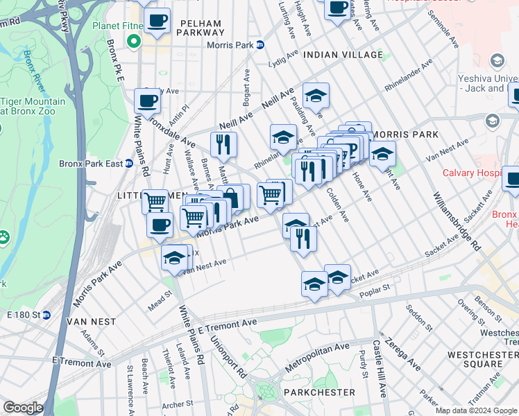 map of restaurants, bars, coffee shops, grocery stores, and more near 869 Morris Park Avenue in The Bronx