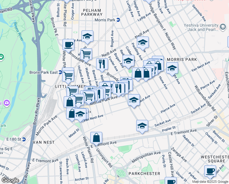 map of restaurants, bars, coffee shops, grocery stores, and more near 839 Morris Park Avenue in Bronx