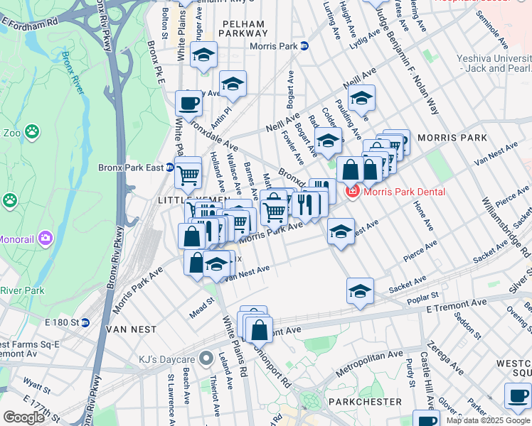 map of restaurants, bars, coffee shops, grocery stores, and more near 1821 Barnes Avenue in The Bronx