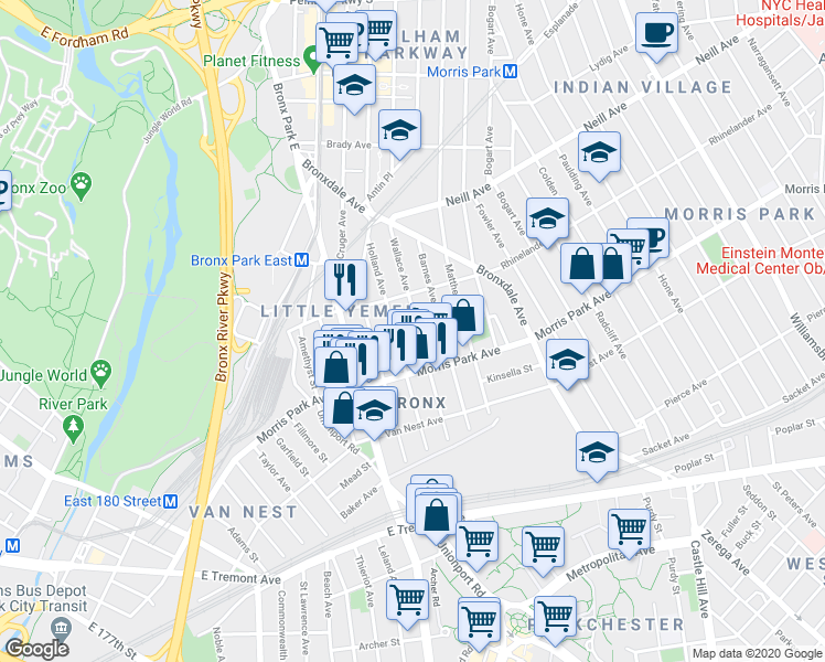 map of restaurants, bars, coffee shops, grocery stores, and more near 1830 Holland Avenue in The Bronx
