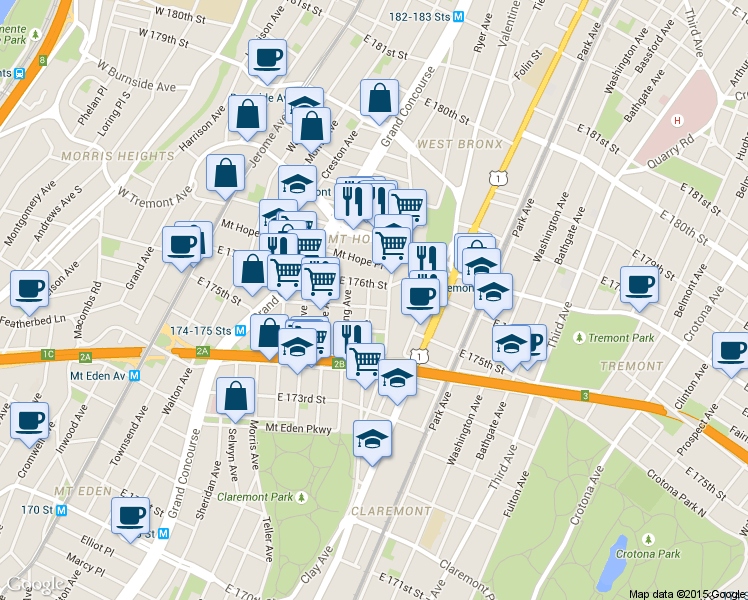 map of restaurants, bars, coffee shops, grocery stores, and more near in The Bronx
