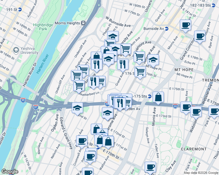 map of restaurants, bars, coffee shops, grocery stores, and more near 1630 Grand Avenue in Bronx