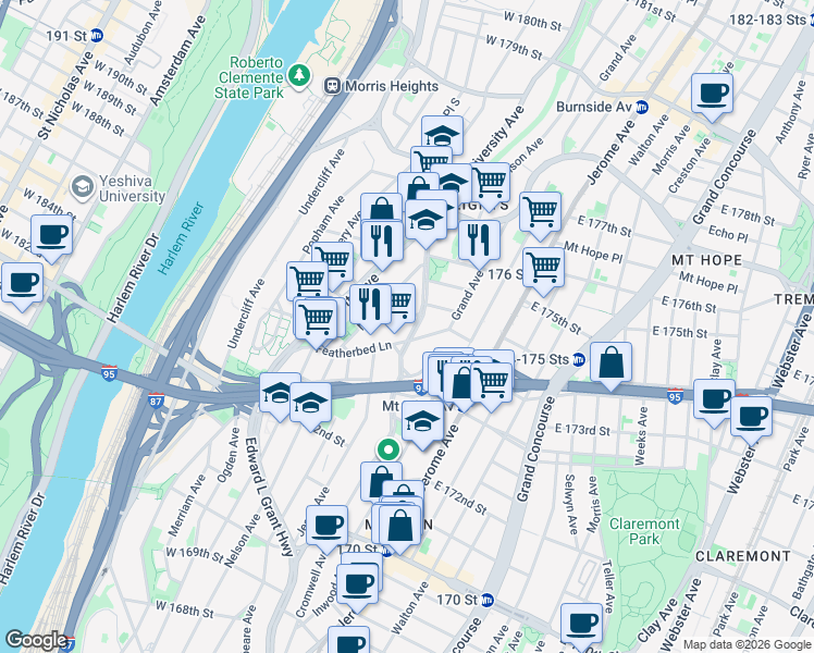 map of restaurants, bars, coffee shops, grocery stores, and more near in The Bronx