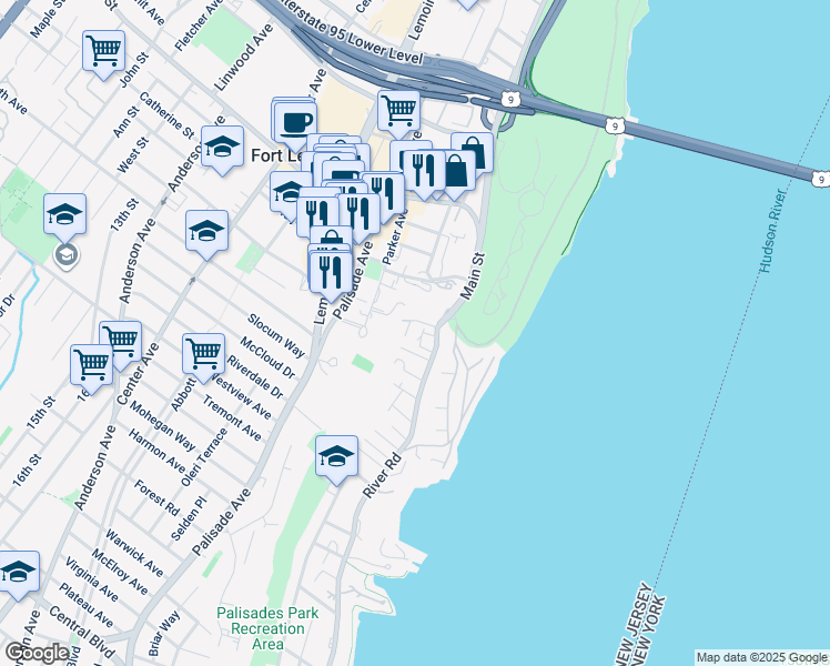 map of restaurants, bars, coffee shops, grocery stores, and more near 1538 River Road in Edgewater
