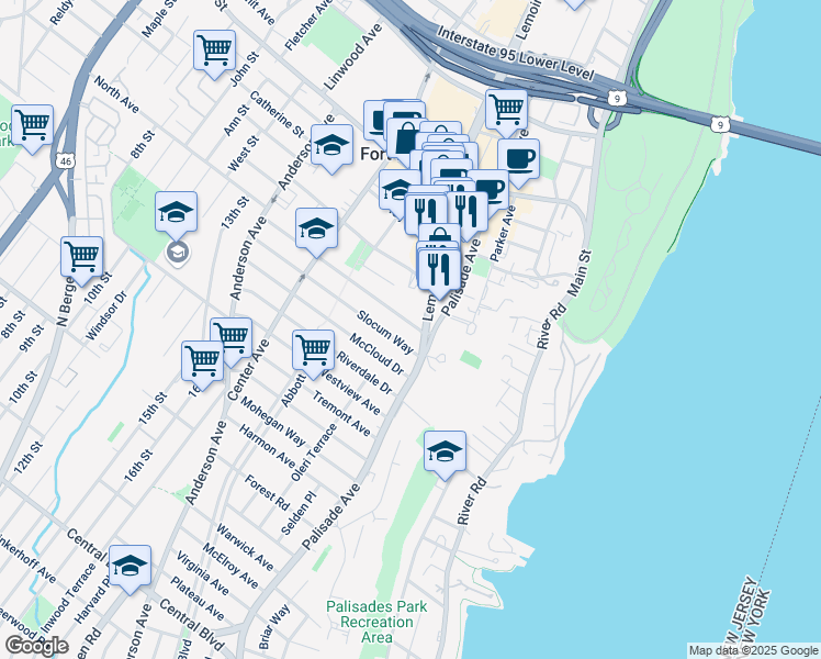 map of restaurants, bars, coffee shops, grocery stores, and more near in Fort Lee