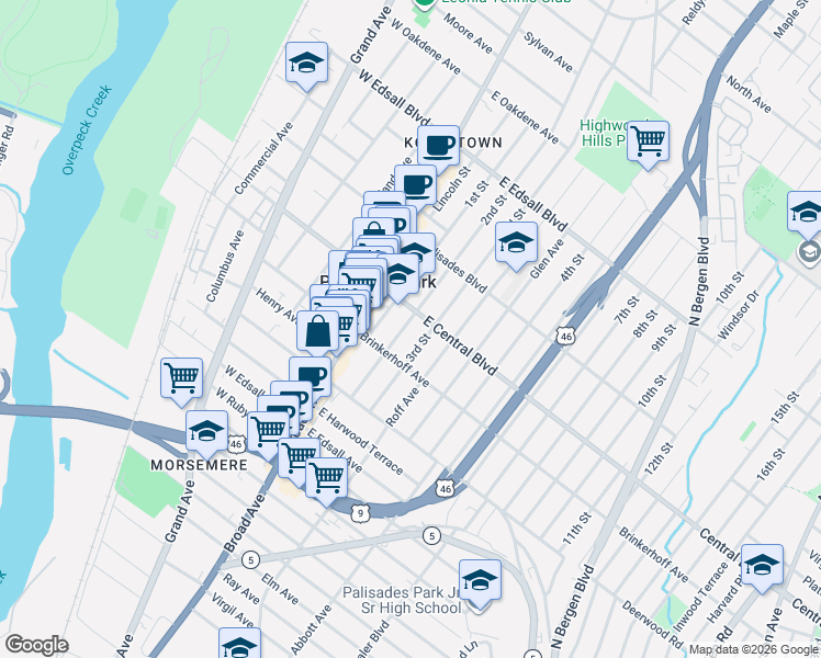 map of restaurants, bars, coffee shops, grocery stores, and more near 248 2nd Street in Palisades Park