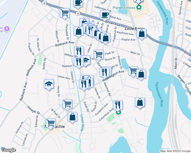 map of restaurants, bars, coffee shops, grocery stores, and more near 172 Washington Avenue in Little Ferry