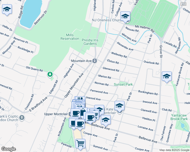 map of restaurants, bars, coffee shops, grocery stores, and more near 38 Marion Road in Montclair