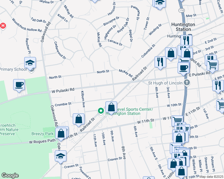 map of restaurants, bars, coffee shops, grocery stores, and more near 17 Spencer Avenue in Huntington Station